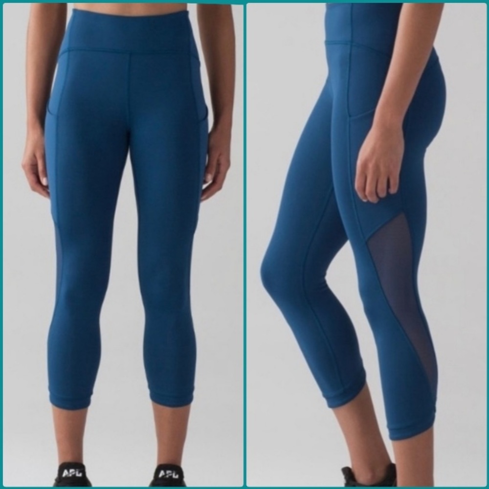 Lululemon | Women's Teal Cropped Running Tights Pockets Mesh Inset - Size 4